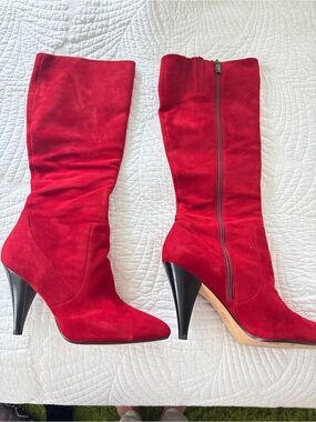 Via Spiga Red Suede Mid-Calf Heeled Boots